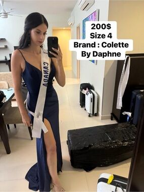 Navy Satin Evening Gown with Thigh Slit - Size 4